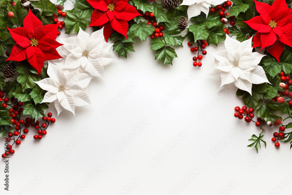 Christmas New Years banner frame from red and white poinsettia flowers green fir tree branches holly berry twigs pine cones on white background. Template with copy space - obrazy, fototapety, plakaty 