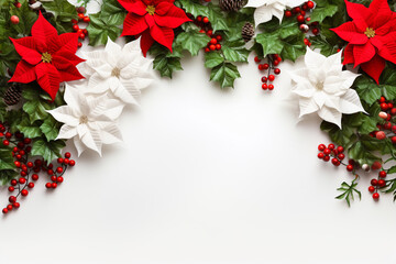 Christmas New Years banner frame from red and white poinsettia flowers green fir tree branches holly berry twigs pine cones on white background. Template with copy space