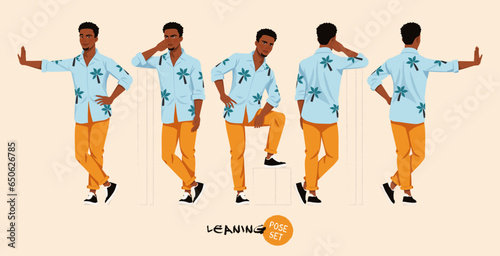 African american man in Hawaiian shirt leaning easy pose set. Wide summer party pants, Aloha beach casual colorful wear. Tropical island tourist and travel blogger. Cartoon character illustration