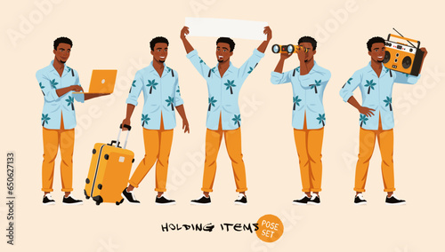 African american man in Hawaiian shirt holding items pose set. Wide summer party pants, Aloha beach casual colorful wear. Tropical island tourist and travel blogger. Cartoon character illustration