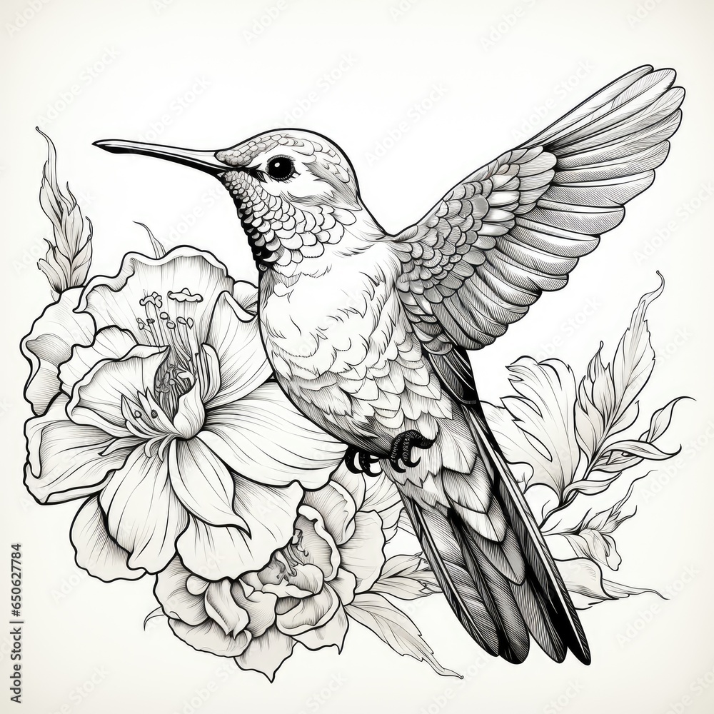Fototapeta premium Cute Hummingbird darts between flowers in cartoon style on a white background