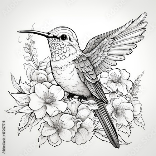 Wallpaper Mural Cute Hummingbird darts between flowers in cartoon style on a white background Torontodigital.ca