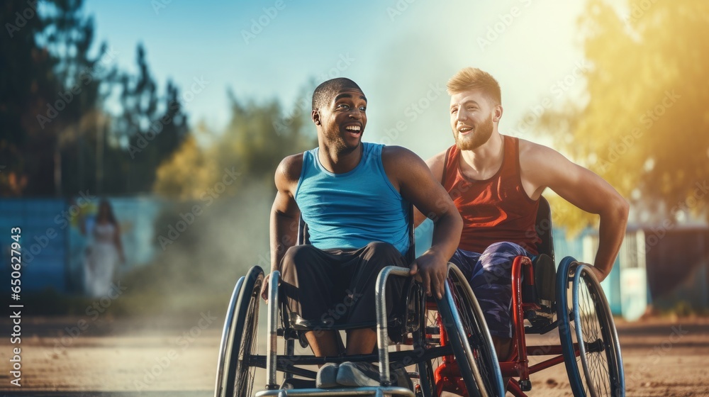 two guys in wheelchairs playing basketball - obrazy, fototapety, plakaty 