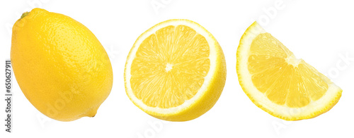 ripe lemon fruit, half and slice lemon isolated, Fresh and Juicy Lemon, transparent PNG, PNG format, collection, cut out