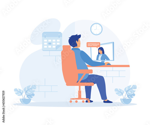 Online interview. man talking to a young woman on a video call on his computer, flat vector modern illustration 