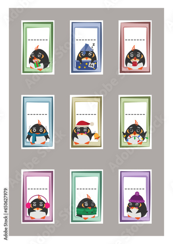 Set of Christmas gift name tags or stickers with various cute cartoon penguin characters