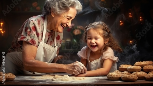 happy family grandmother and granddaughter child cook in the kitchen, knead dough, bake cookies- generative AI, fiction Person © Nadine