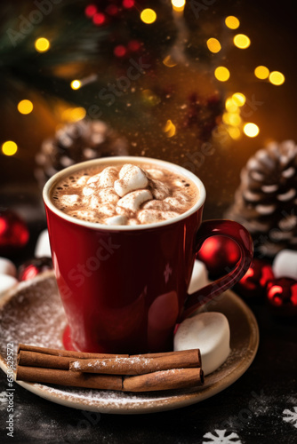 A mug with hot chocolate and marshmallows on festive Christmas background.