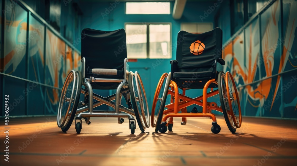 two sport wheelchairs in basketball hall two sport wheelchairs in basketball hall