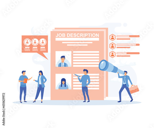 Work Descriptions Concept. Characters Reading Personnel Resume, Applicants Searching Job Learning Offers in Internet Resource. flat vector modern illustration