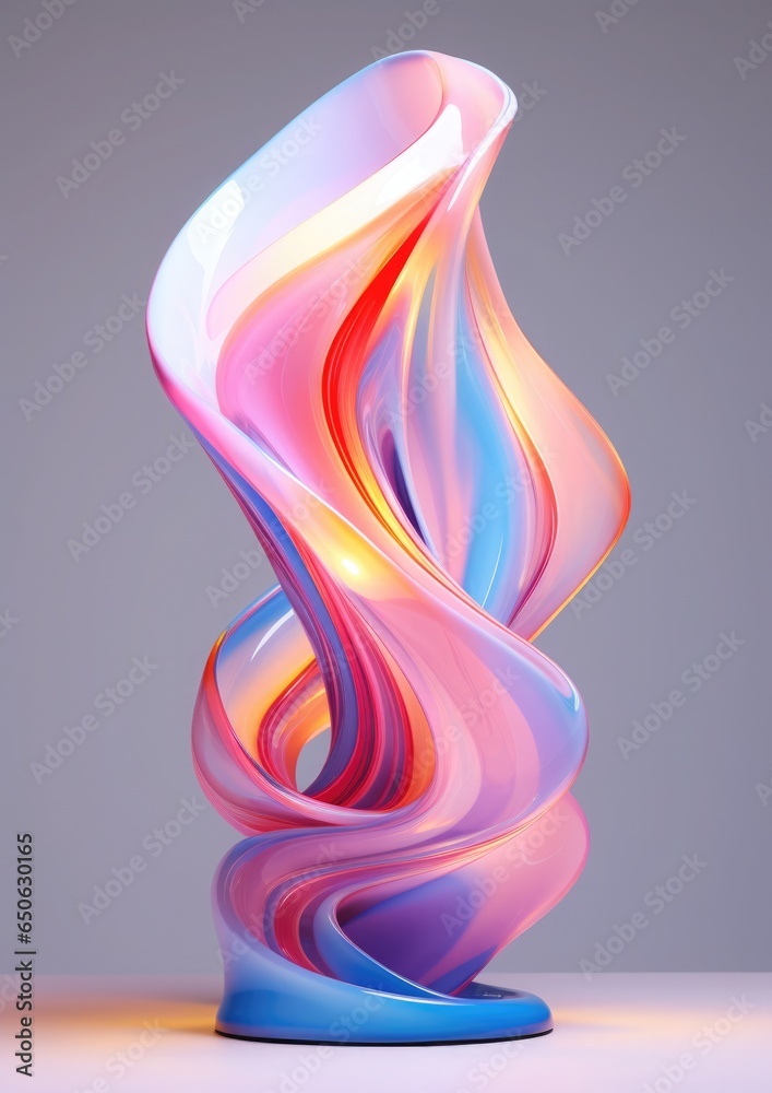 Futuristic stylish iridescent rainbow sculpture made of reflective plastic. Eco-friendly modern interior design element made from recycled plastic. Futuristic stylish iridescent rainbow sculpture made of reflective plastic. Eco-friendly modern interior design element made from recycled plastic.