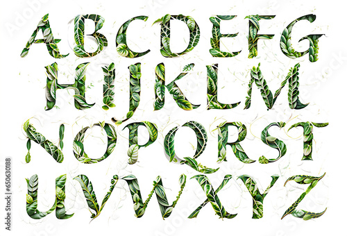 Leafy green alphabet design isolated on white background.