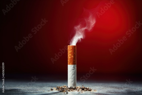 Cigarette butt on floor, environmental pollution, cigarette yellow filtersThe Great American Smokeout. Cigarette butt extinguished on table. on red background. Illustration of smoking cessation.