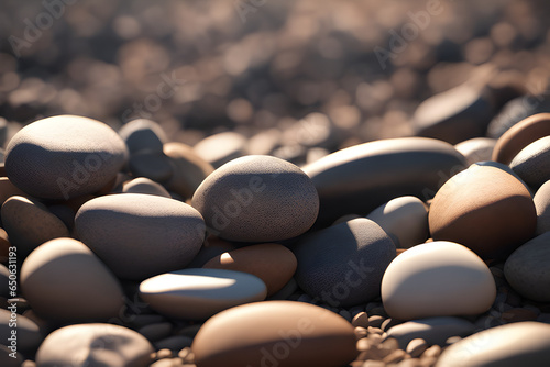 A pile of pebbles with sunlight shining.