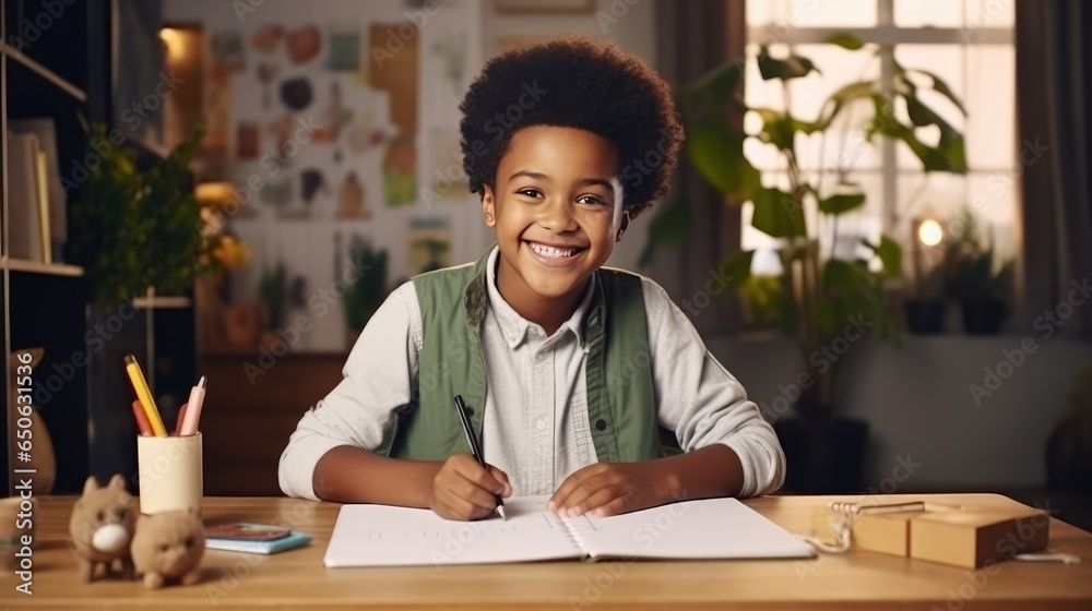Fototapeta premium Smiling african american child school boy doing homework while sitting at desk at home- generative AI, fiction Person