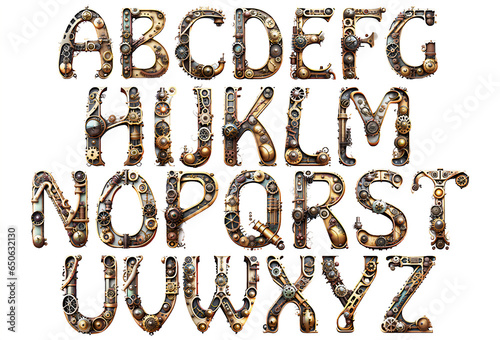 Steampunk alphabet design isolated on white background. photo