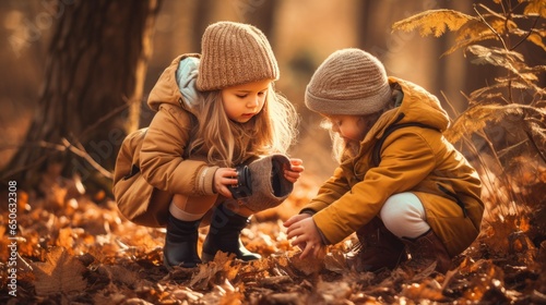 Two little kids in warm hats with backpacks examining tree bark through magnifying glass in forest- generative AI, fiction Person