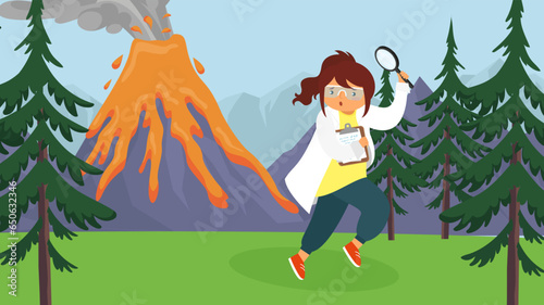Vector illustration of a woman with a magnifying glass on the background of a volcano