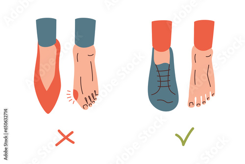 Feet with bunion vs healthy feet, barefoot shoes infographic, high heeled narrow shoes health risks, halux valgus before and after, vector arrangement with legs, brochure and banner template