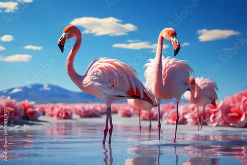 Close up of beautiful African flamingos that are standing in still water with reflection. 
