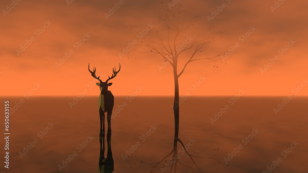 Deer silhouette near lonely tree, dark surreal landscape