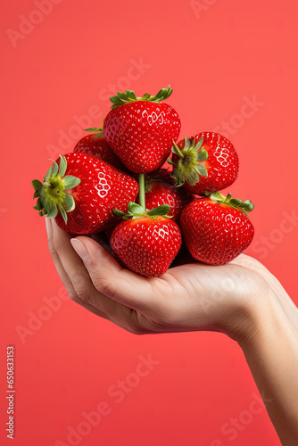Hand holding fresh strawberries isolated on a red background