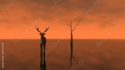 Deer silhouette near lonely tree, dark surreal landscape