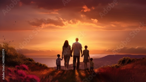 Happy large family: mother, father, children son and daughters on sunset view from back- generative AI, fiction Person