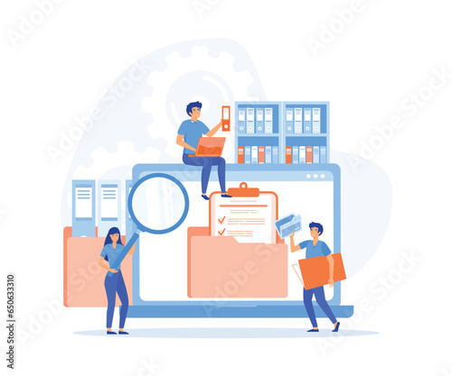 archive, information storage concept, People taking documents from shelves, using magnifying glass and searching files in electronic database,  flat vector modern illustration