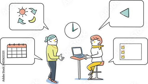 タスク管理に関して会話するシニア管理職の女性スタッフ　イラスト素材
