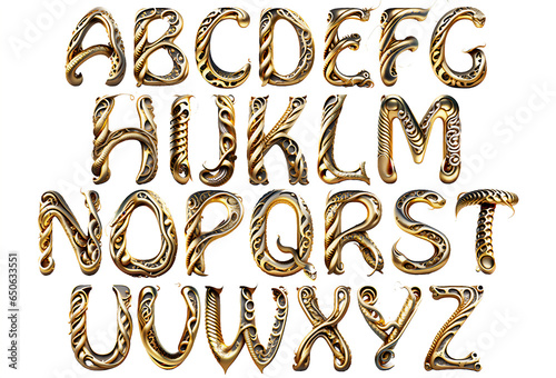 Golden metal snake skin alphabet design isolated on white background. photo