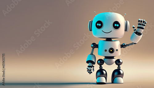 Cute robot waving hand with a smile over minimal background. Generative AI
