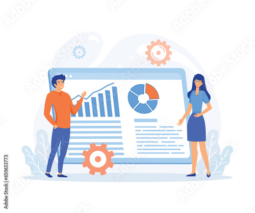 Concept of targeting strategy.  Colleagues prepare presentation, market research. flat vector modern illustration