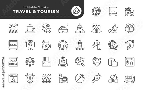 Line icon set. Travel and tourism. Vacation, hotel stay and trip to the sea. Entertainment at the resort. Cruise. Vector icon pack. Web icons in outline linear style.