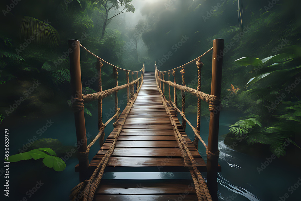 Fototapeta premium Wooden rope bridge in the rainy tropical jungle
