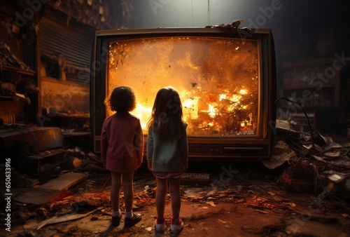 Deux enfants devant une télévision dans le style rétro