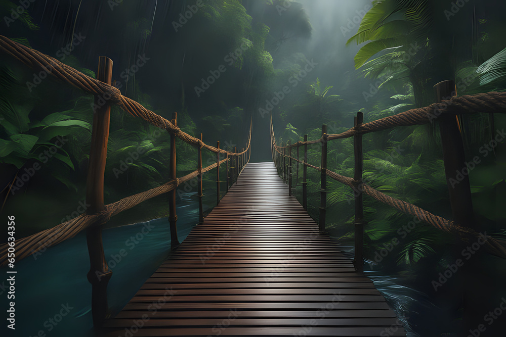 Naklejka premium Wooden rope bridge in the rainy forest over the river