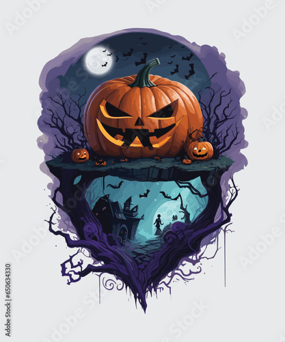 Vector halloween pumpkin design with dead trees and bats background