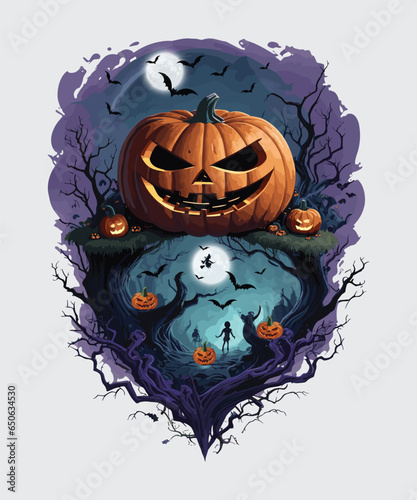 Vector halloween pumpkin design with dead trees and bats background