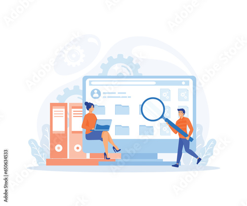 File manager and data storage concept, Employees searching and indexing file documents, flat vector modern illustration