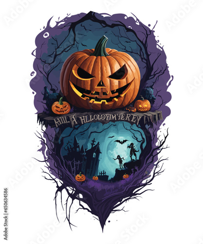 Vector halloween pumpkin design with dead trees and bats background