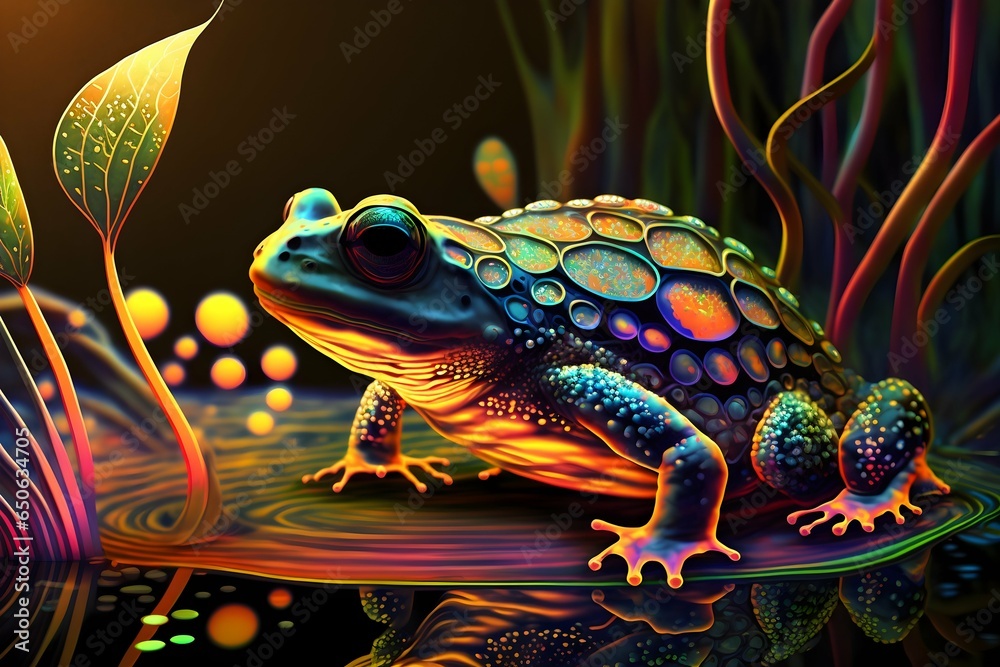 golden frog on acid rainbow lily pad that is paper plane ray tracing