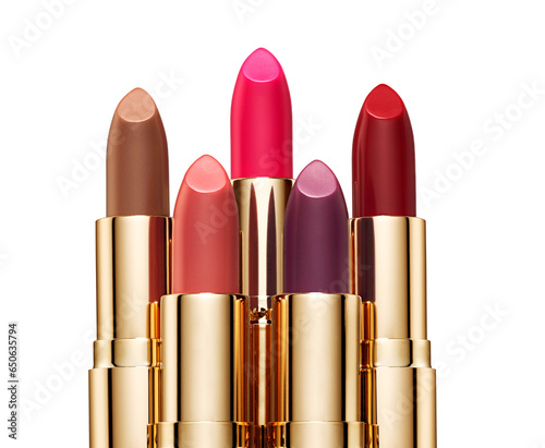 Five lipsticks composition isolated on white background. Pink red purple nude gold cosmetic makeup product sample photo