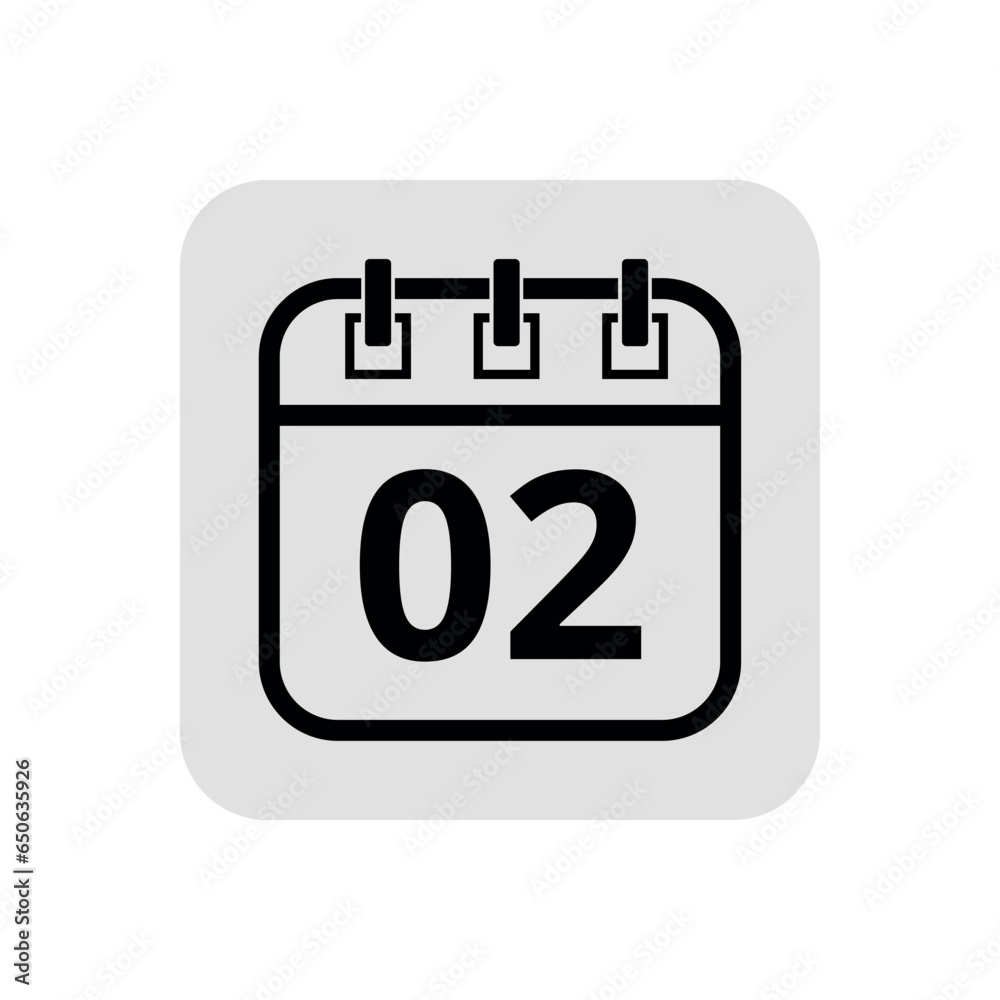 Calendar flat icon in hollow stroke in black color, vector illustration of calendar with specific day marked, day 02. Calendar flat icon in hollow stroke in black color, vector illustration of calendar with specific day marked, day 02.