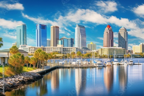 Tampa's cityscape, overlooking Hillsborough Bay, Riverwalk, and downtown skyline. Generative AI photo