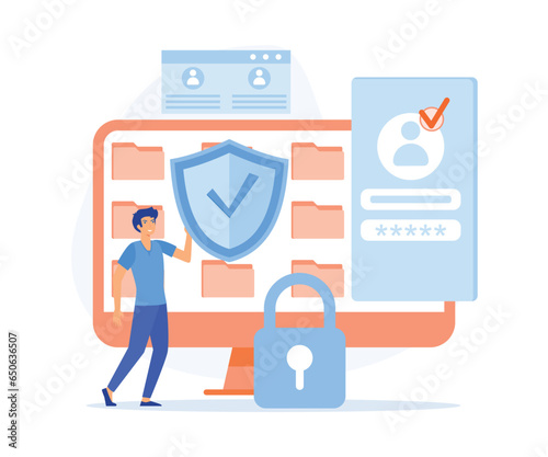 personal cyberspace data security, shield log in protection web access control,  flat vector modern illustration