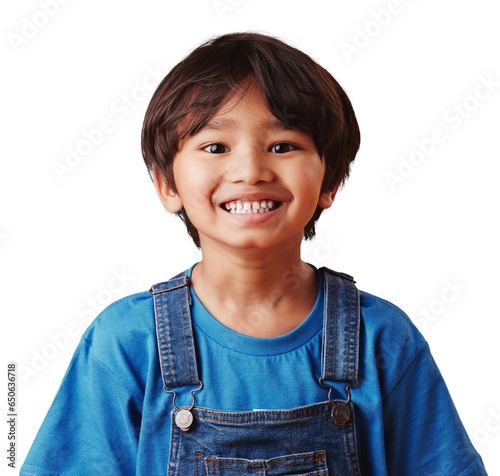 Portrait, children and smile of a cute asian kid isolated on transparent background with youth or energy. Kids, happy and young boy in child fashion on PNG for trendy style with a carefree attitude