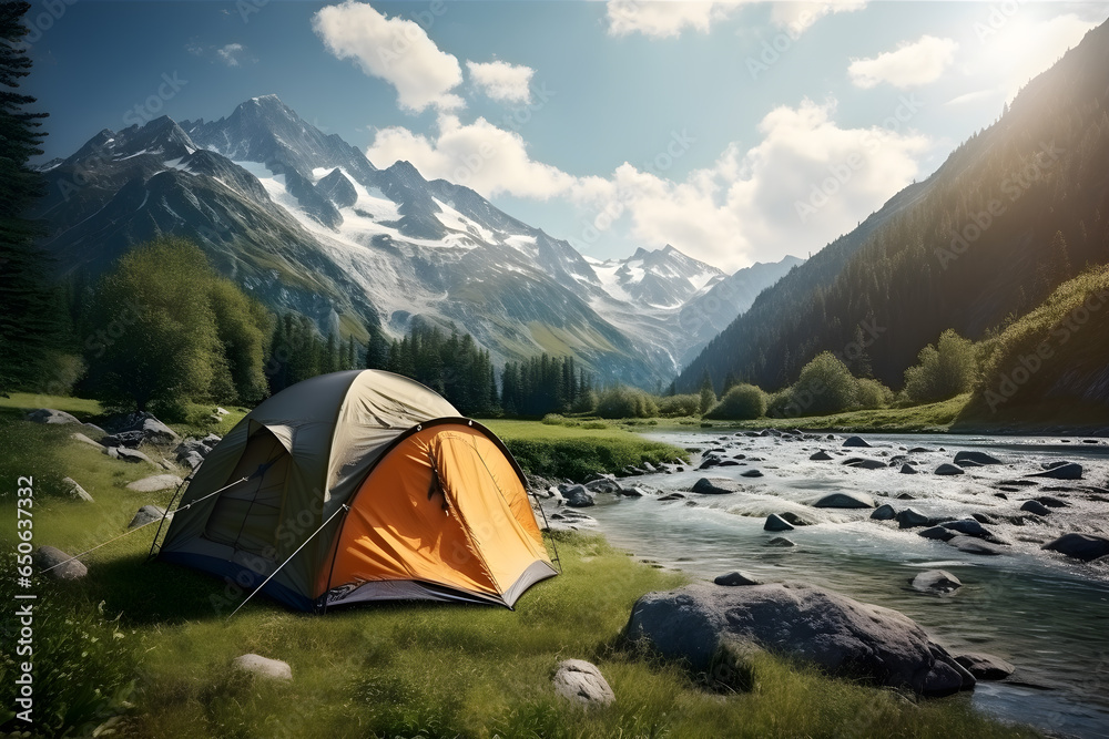 a tent standing near a mountain river - obrazy, fototapety, plakaty 