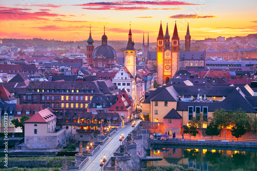 Wurzburg, Germany. Aerial cityscape image of Wurzburg with Old Main Bridge over Main river during beautiful autumn sunrise.