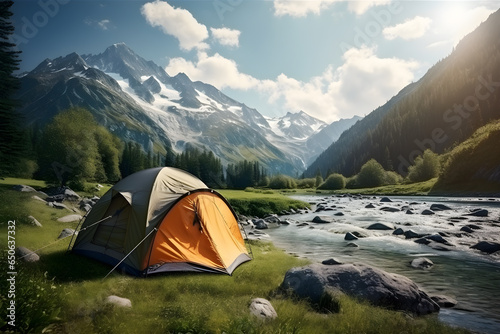a tent standing near a mountain river